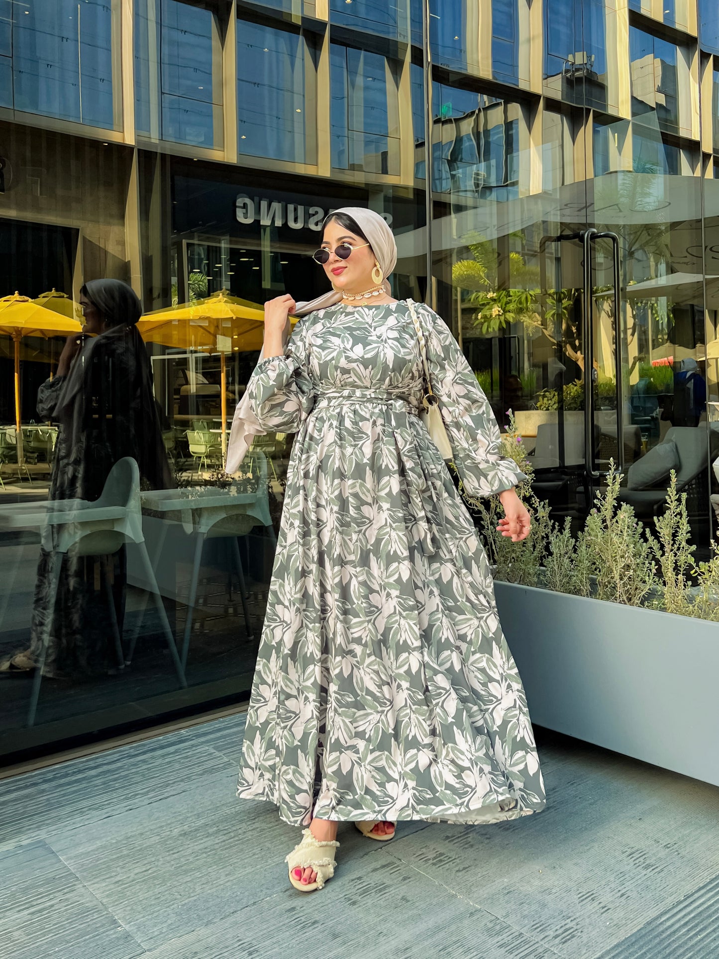 Printed Green & White Dress