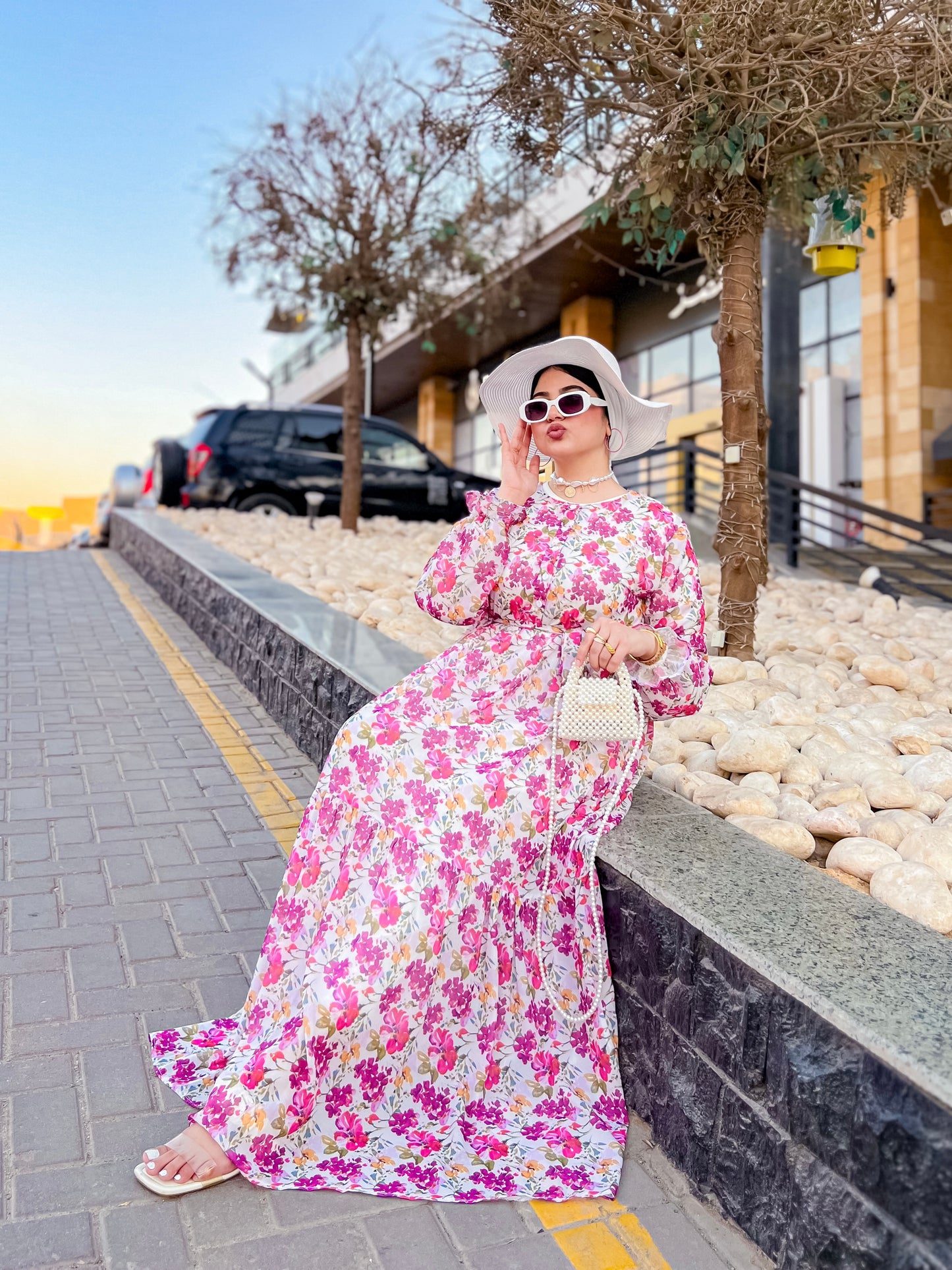 Printed Amaranth Rose & White Dress