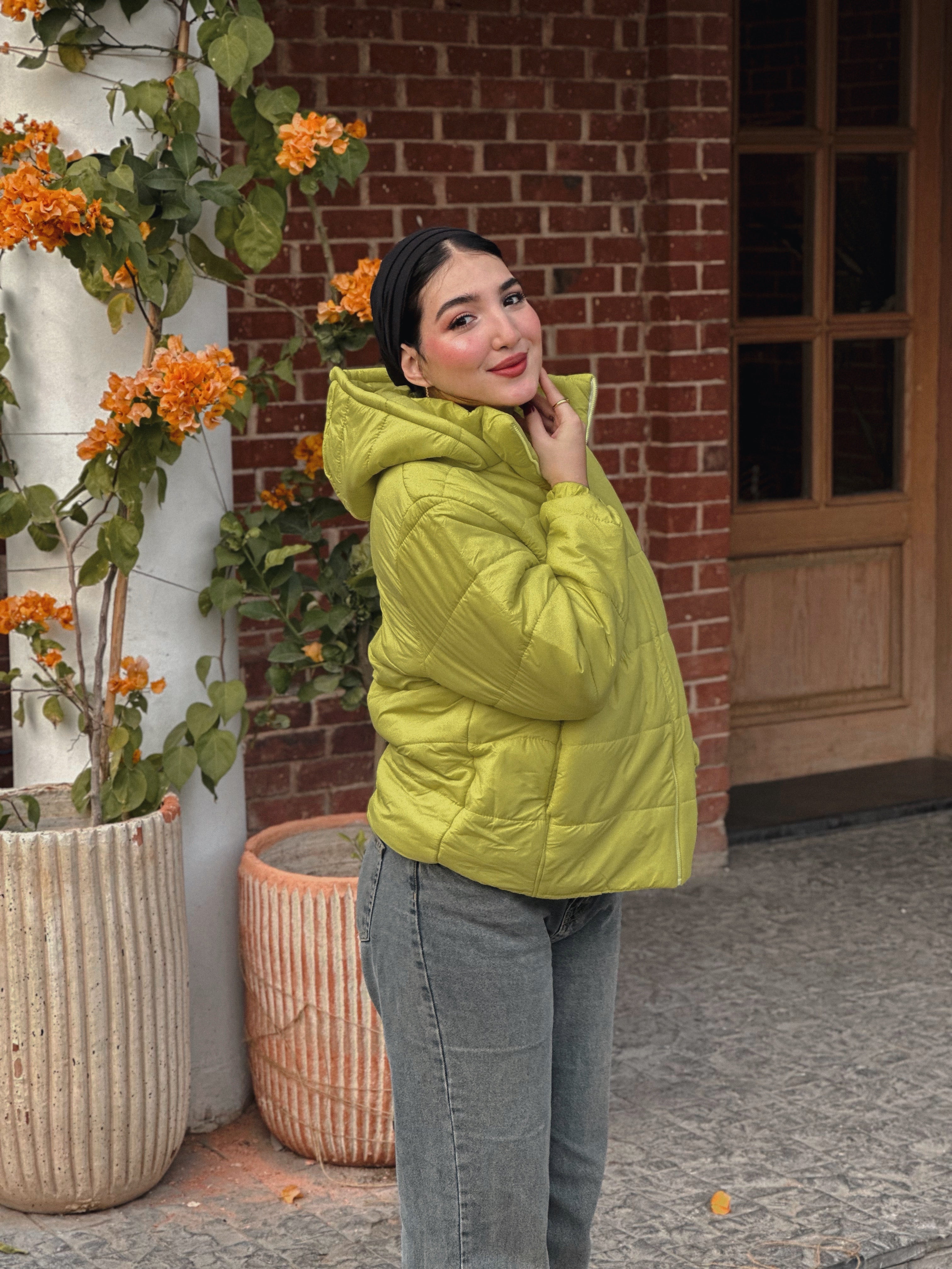 Apple green puffer jacket