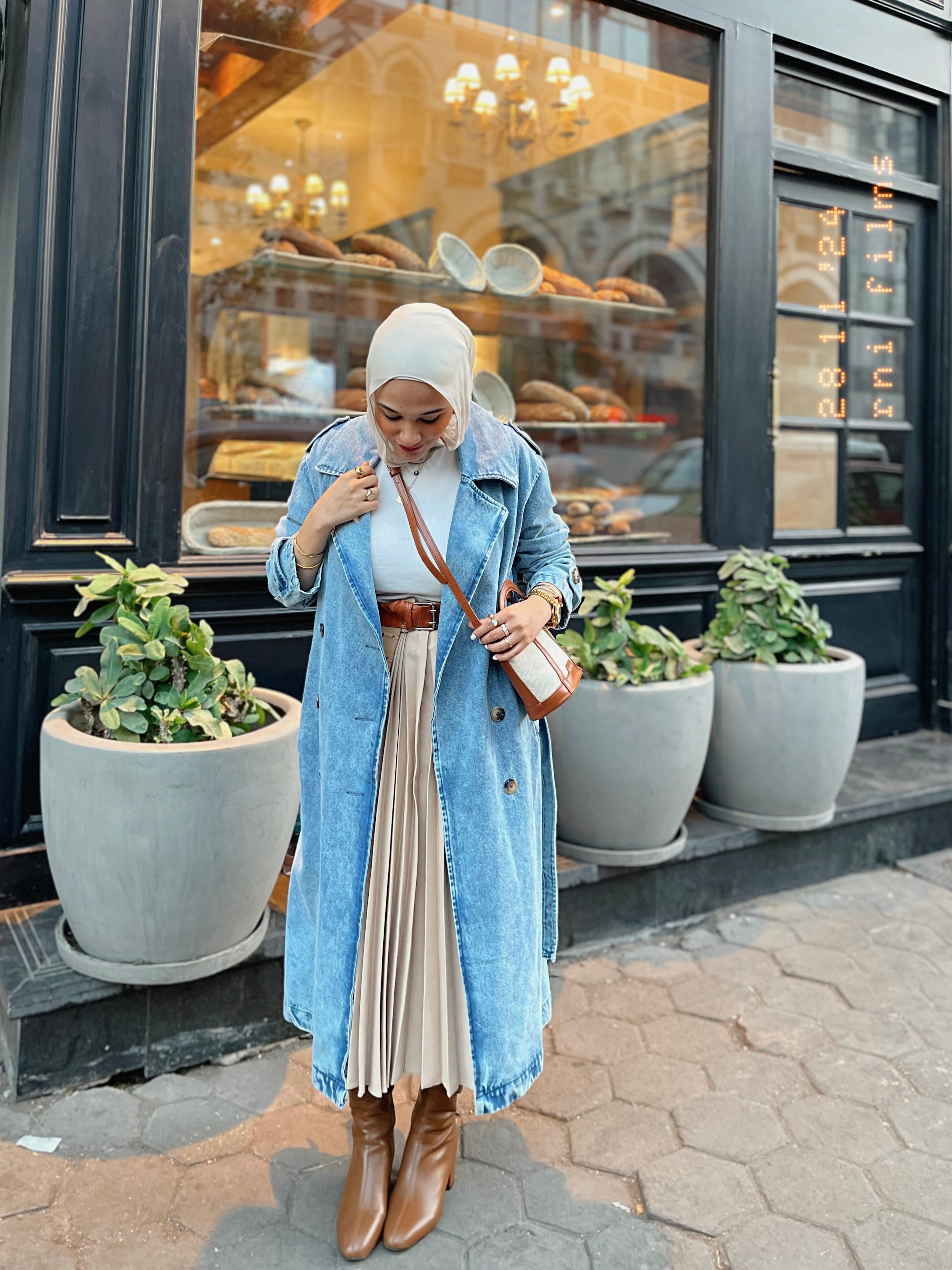 Blue denim trench coat