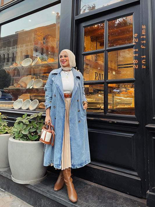 Blue denim trench coat